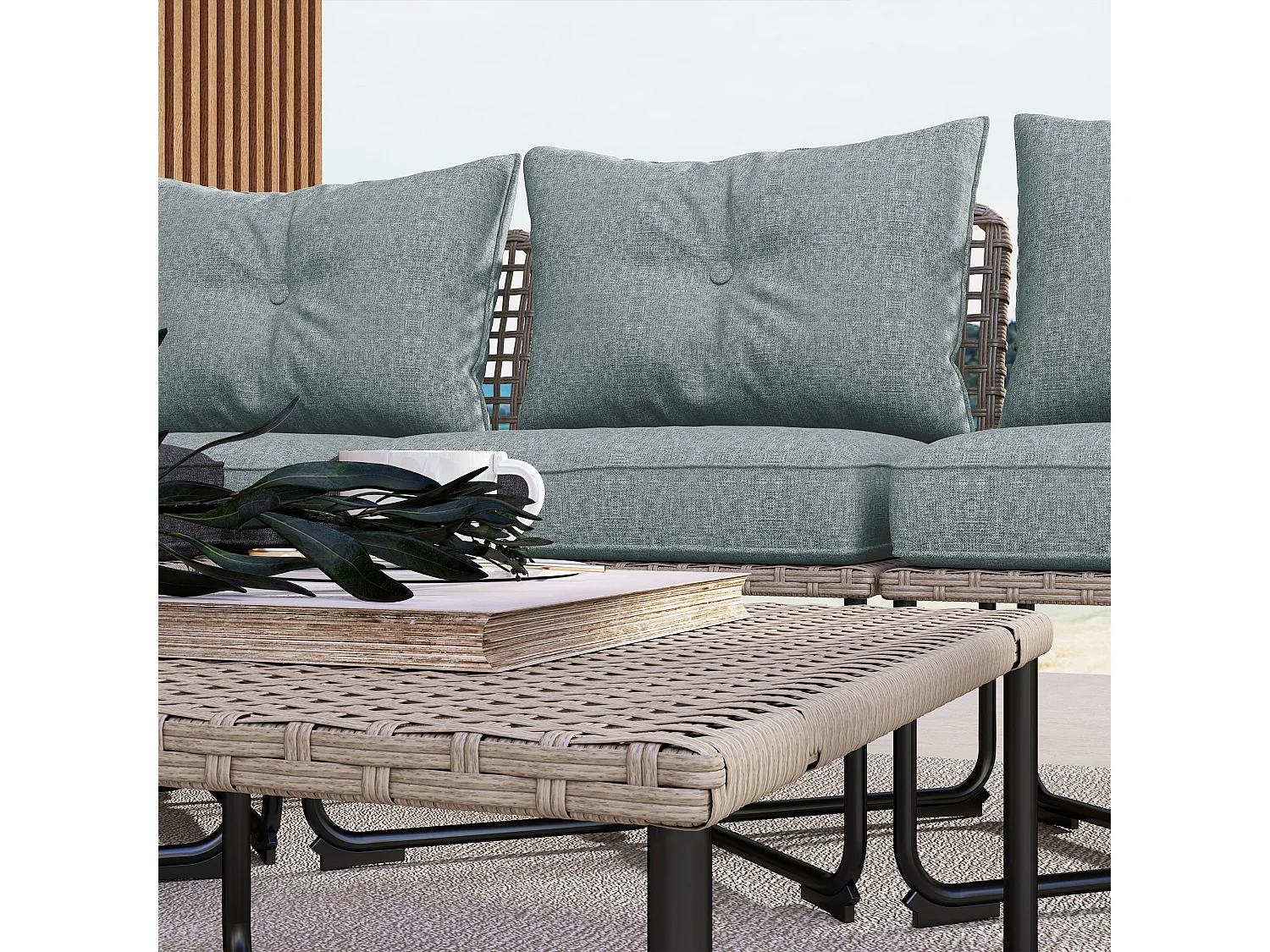 Set da giardino 5pz in rattan con 3 sedie e 2 tavolini grigio e legno