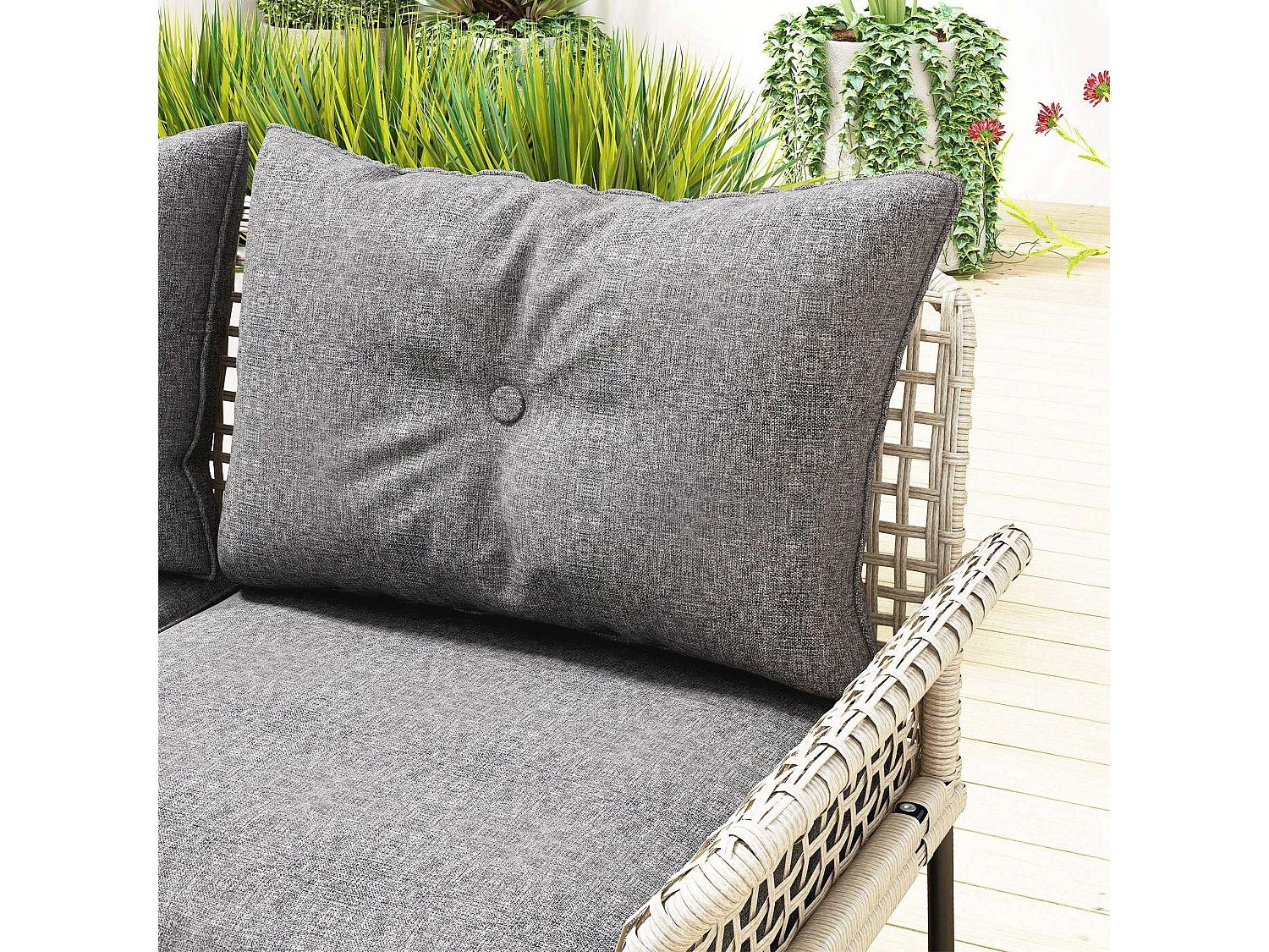 Set da giardino 5pz in rattan con 3 sedie e 2 tavolini grigio e legno