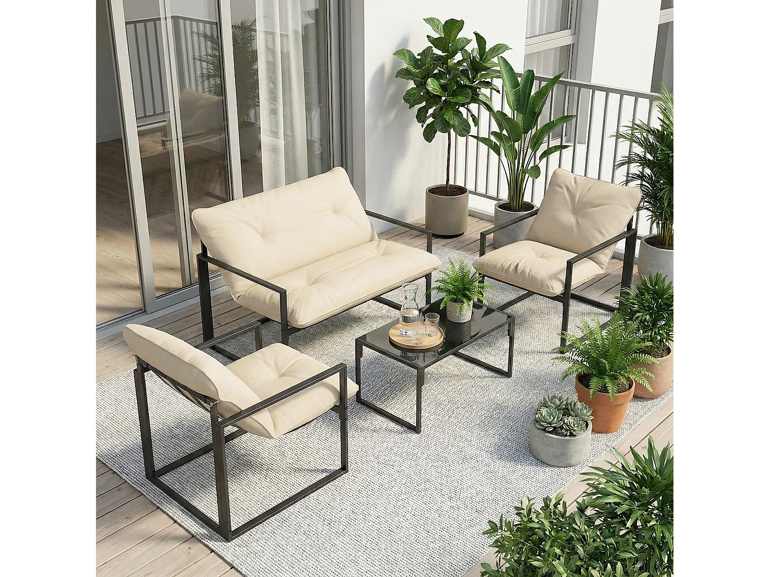 Set da giardino 4 pezzi con divanetto, 2 poltrone e tavolino beige