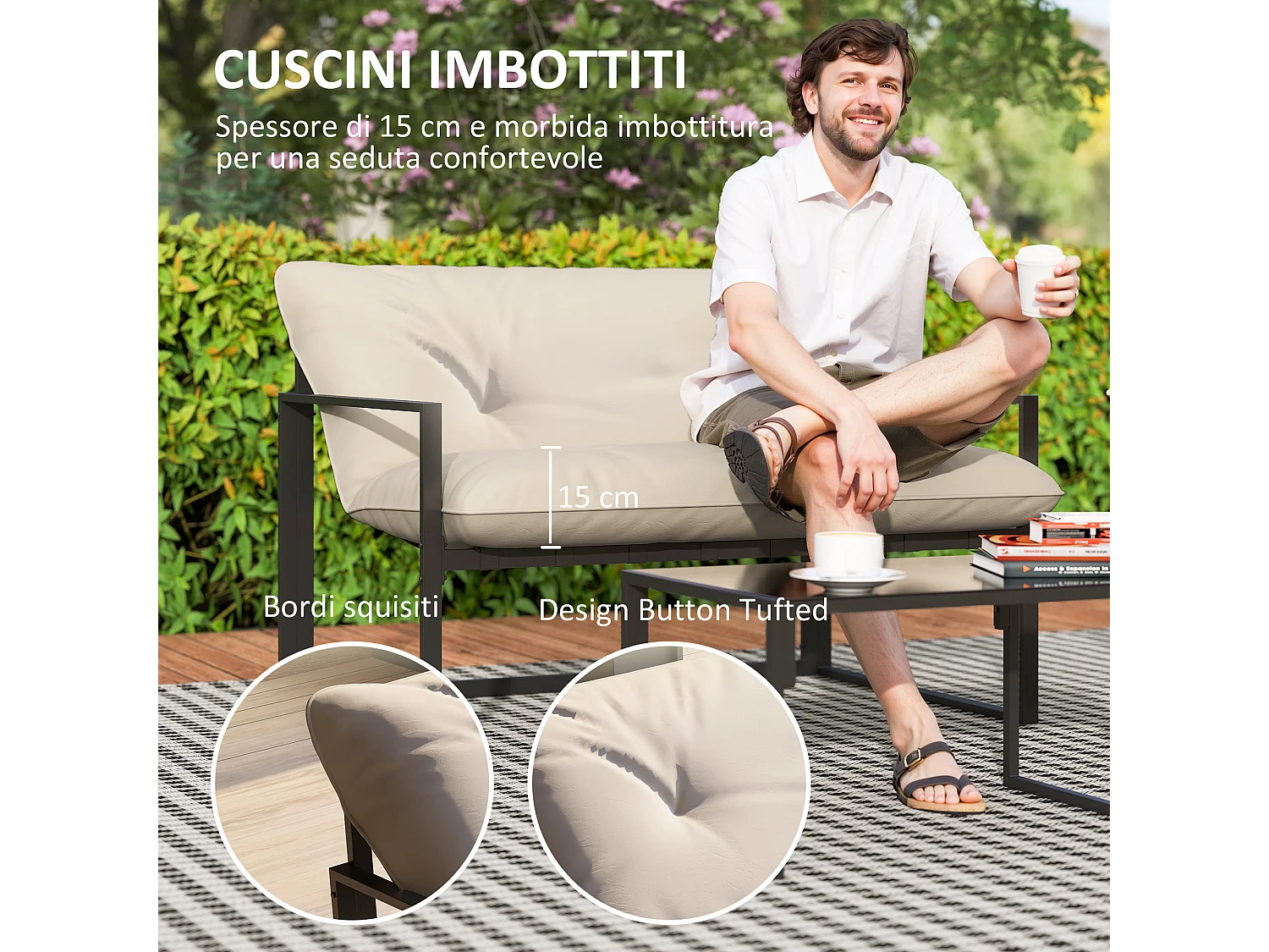 Set da giardino 4 pezzi con divanetto, 2 poltrone e tavolino beige