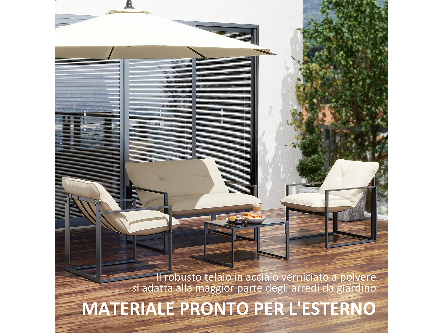 Set da giardino 4 pezzi con divanetto, 2 poltrone e tavolino beige