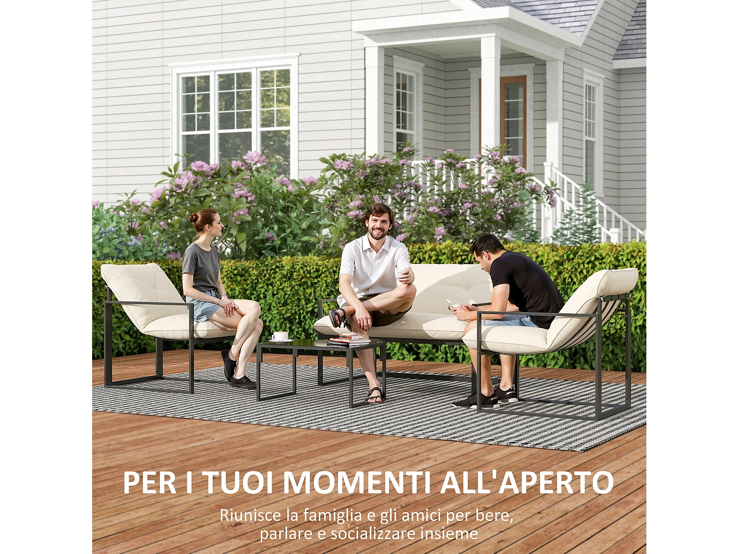 Set da giardino 4 pezzi con divanetto, 2 poltrone e tavolino beige