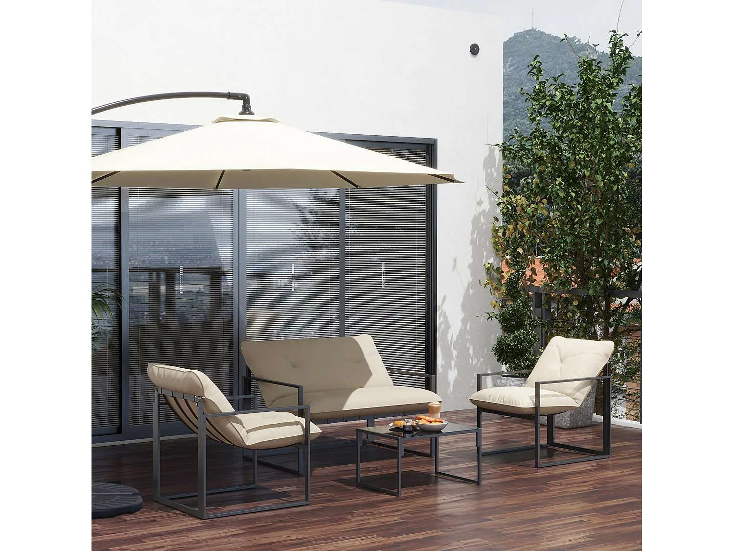Set da giardino 4 pezzi con divanetto, 2 poltrone e tavolino beige