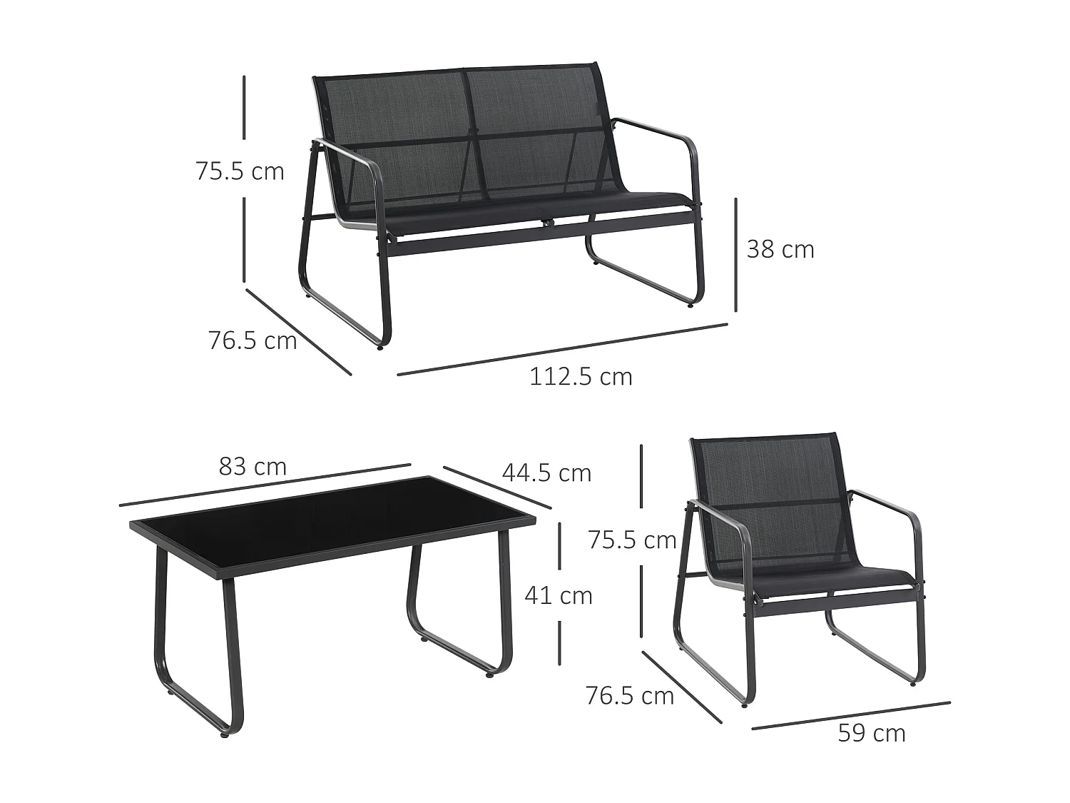 Set Salotto da Giardino 4 Pezzi con Divano 2 Posti 2 Sedie e Tavolino in Vetro Temperato