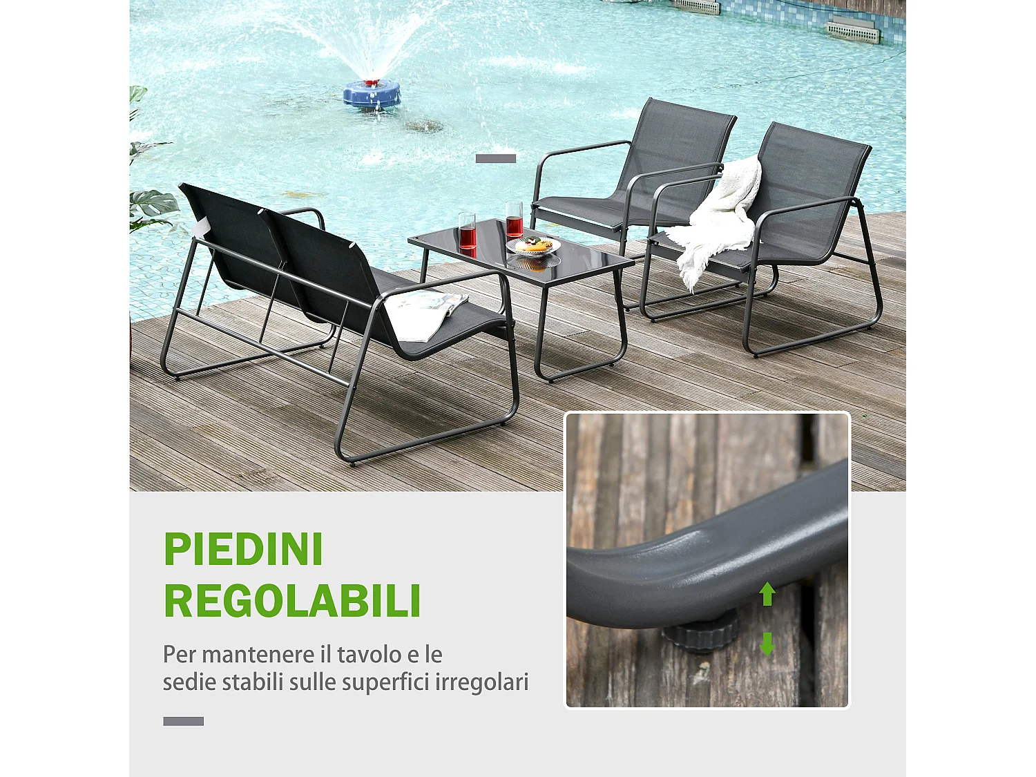 Set Salotto da Giardino 4 Pezzi con Divano 2 Posti 2 Sedie e Tavolino in Vetro Temperato