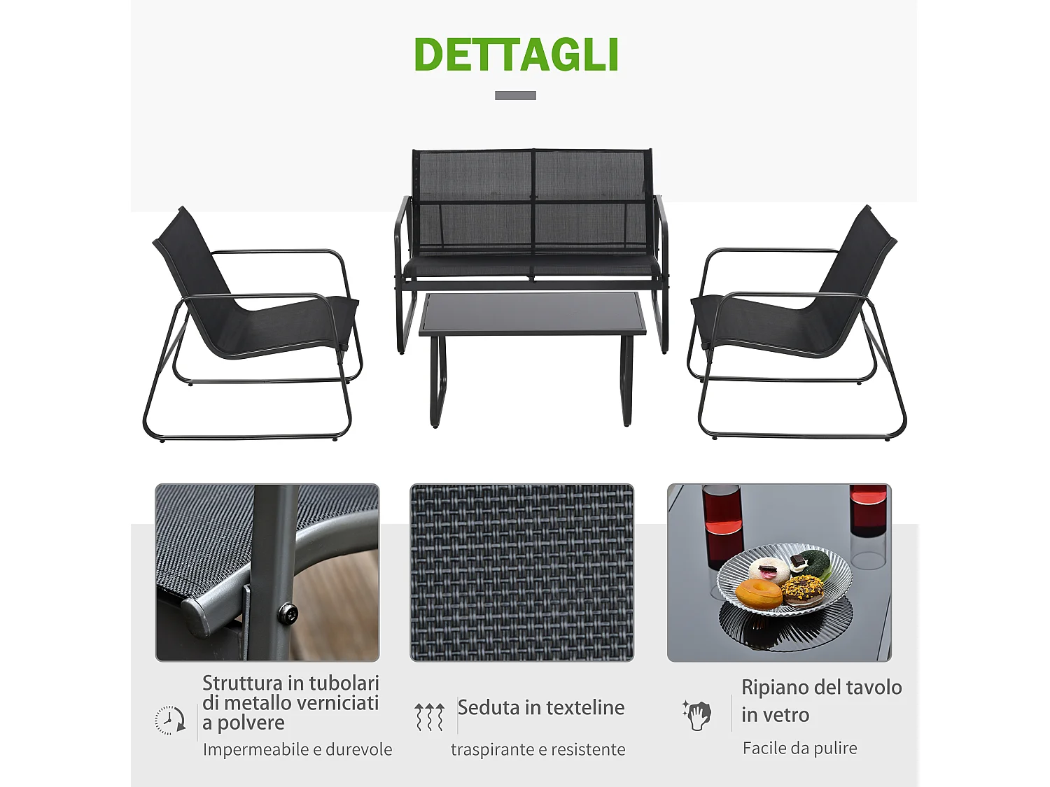 Set Salotto da Giardino 4 Pezzi con Divano 2 Posti 2 Sedie e Tavolino in Vetro Temperato