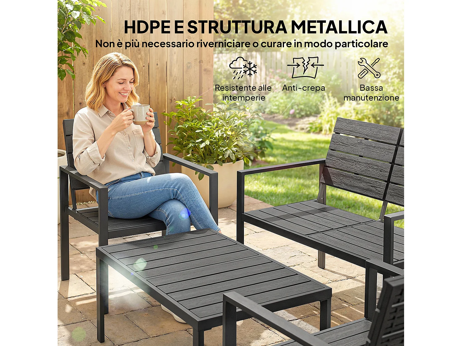 Set da giardino 4pz con tavolino divanetto 2 sedie nero