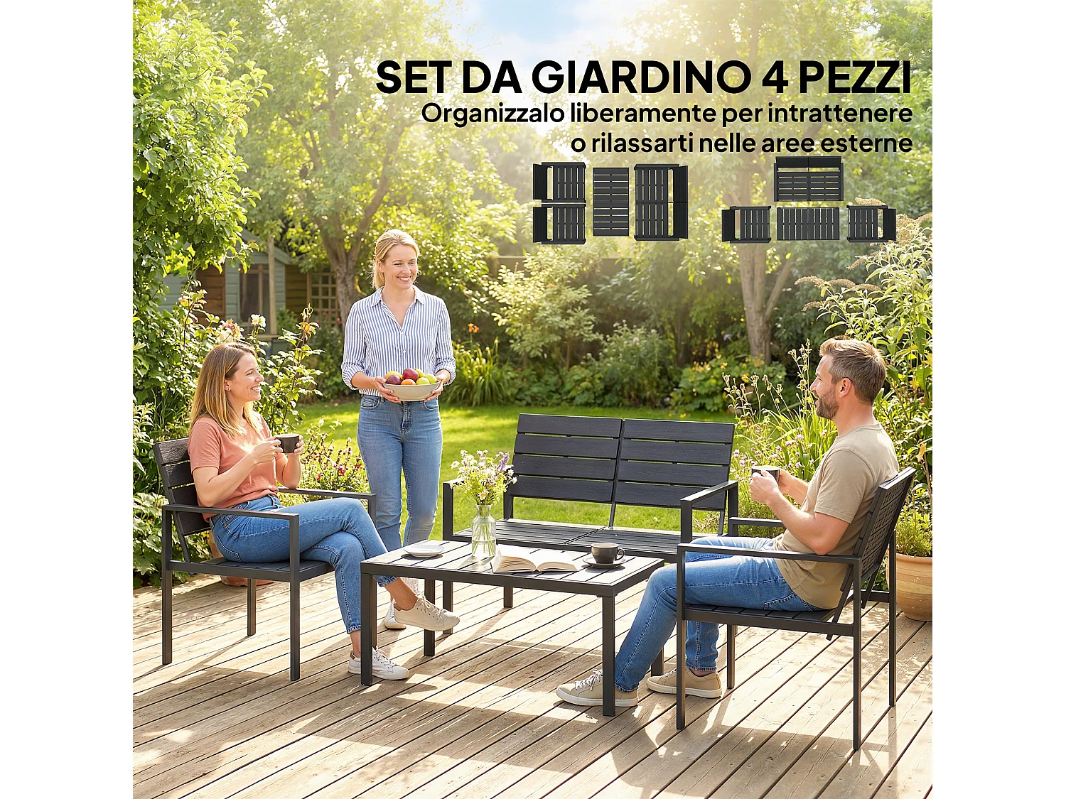 Set da giardino 4pz con tavolino divanetto 2 sedie nero