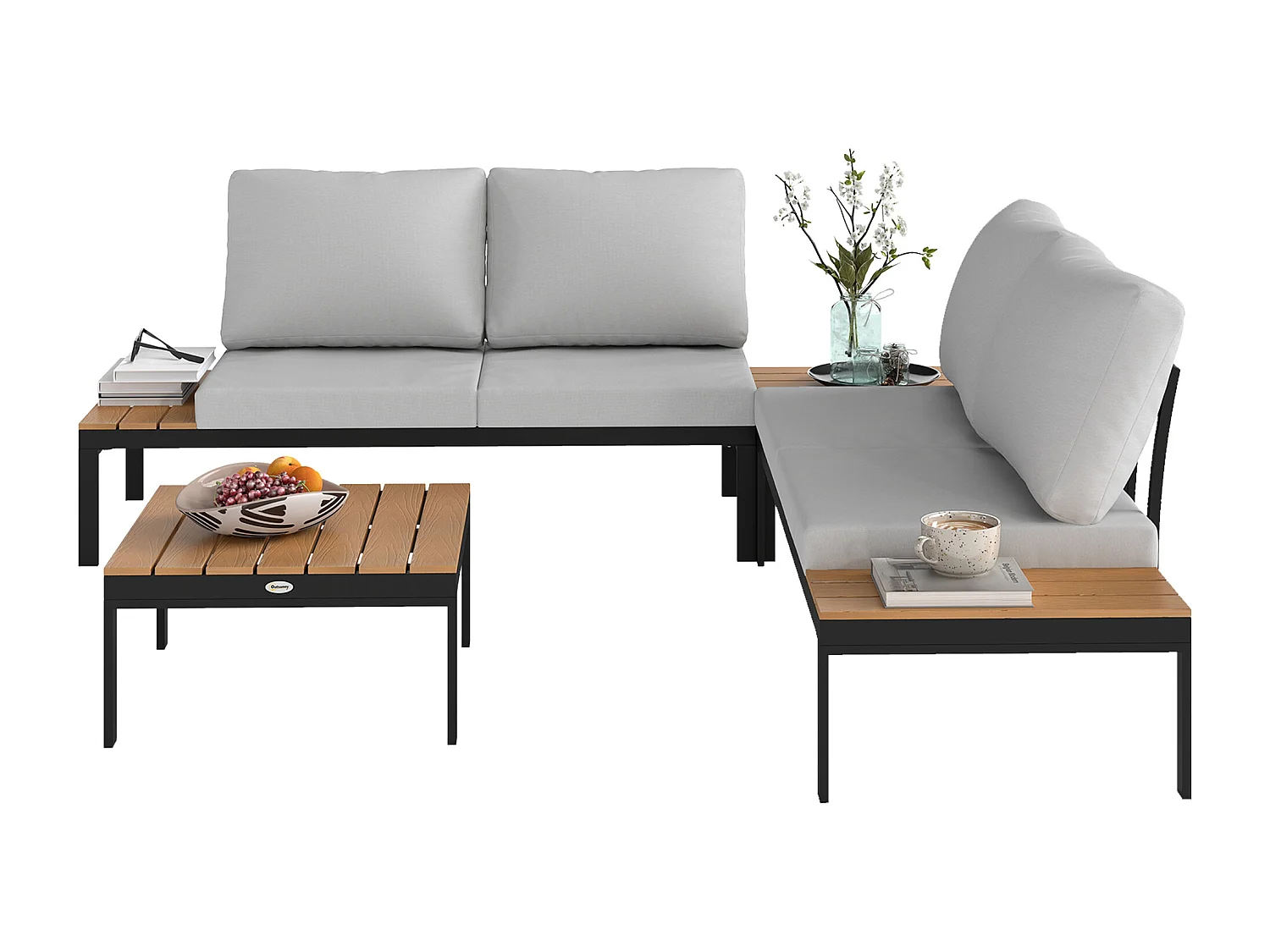 Set da giardino 4pz con 2 divanetti e 2 tavolini grigio nero e teak