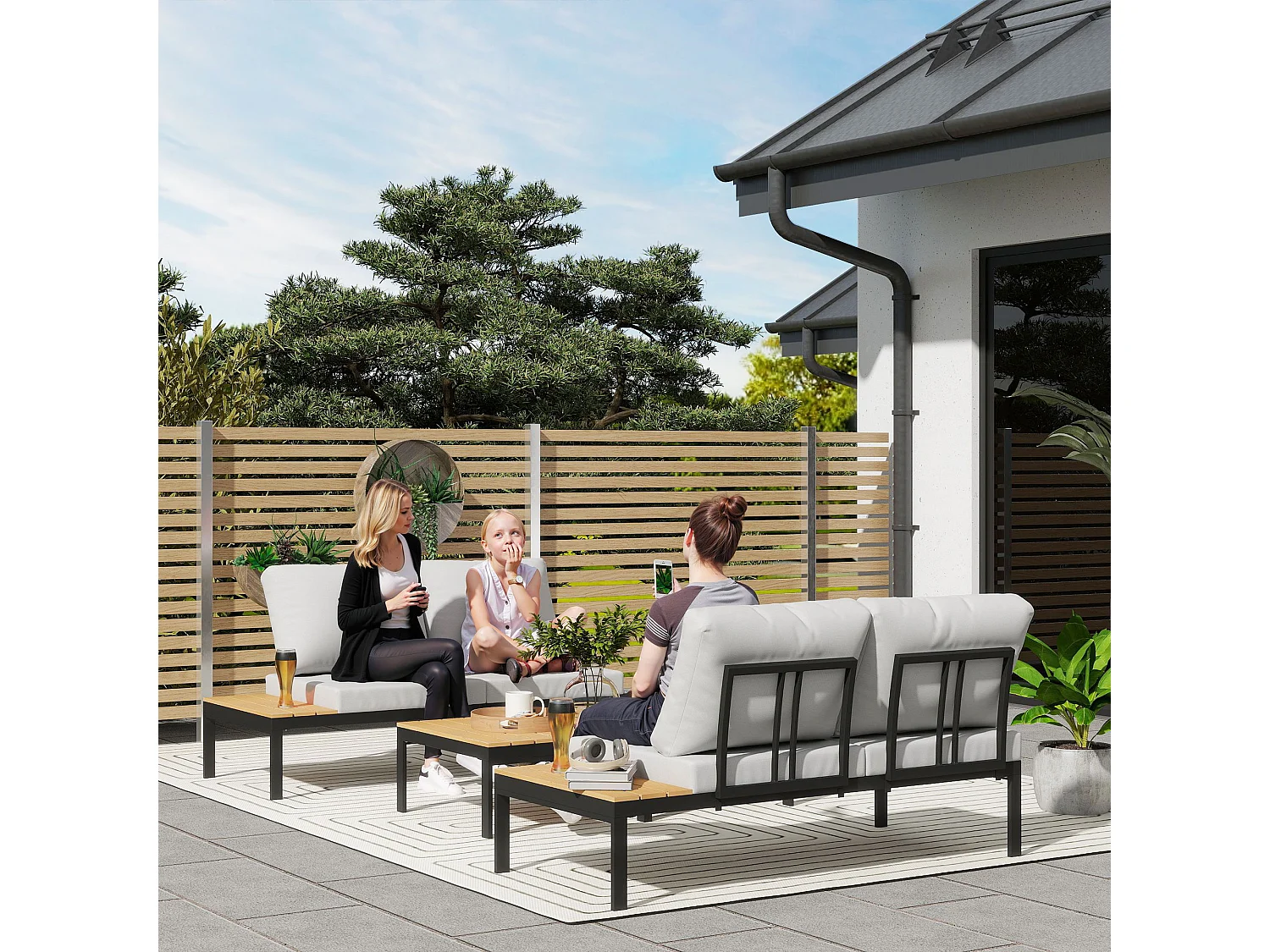 Set da giardino 4pz con 2 divanetti e 2 tavolini grigio nero e teak