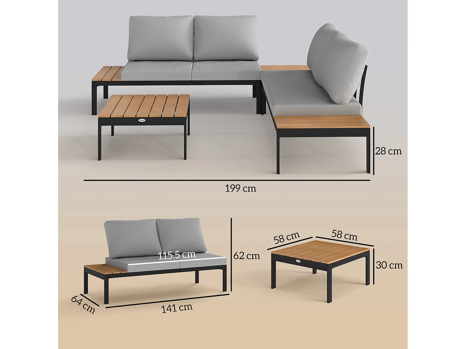 Set da giardino 4pz con 2 divanetti e 2 tavolini grigio nero e teak