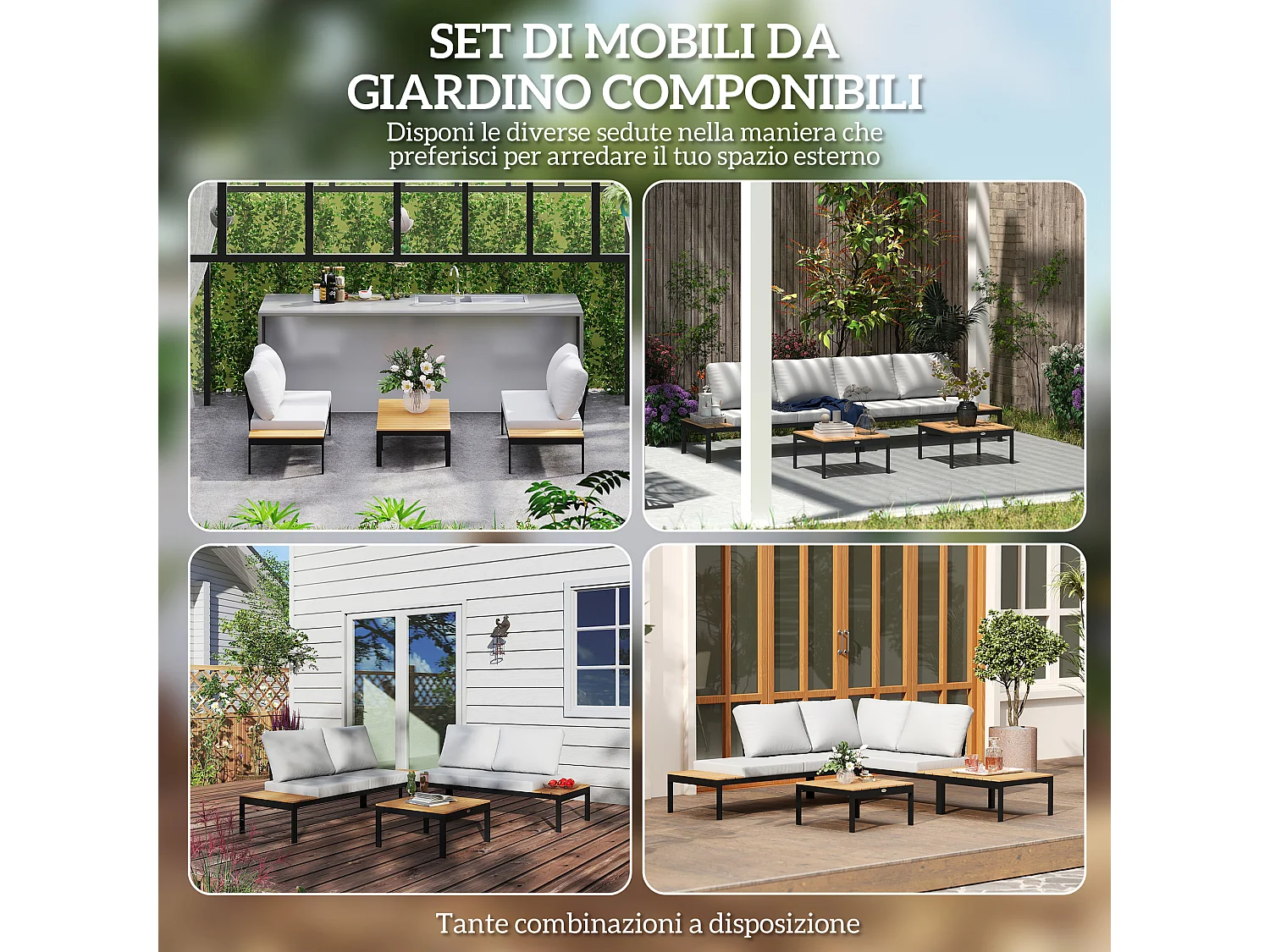 Set da giardino 4pz con 2 divanetti e 2 tavolini grigio nero e teak