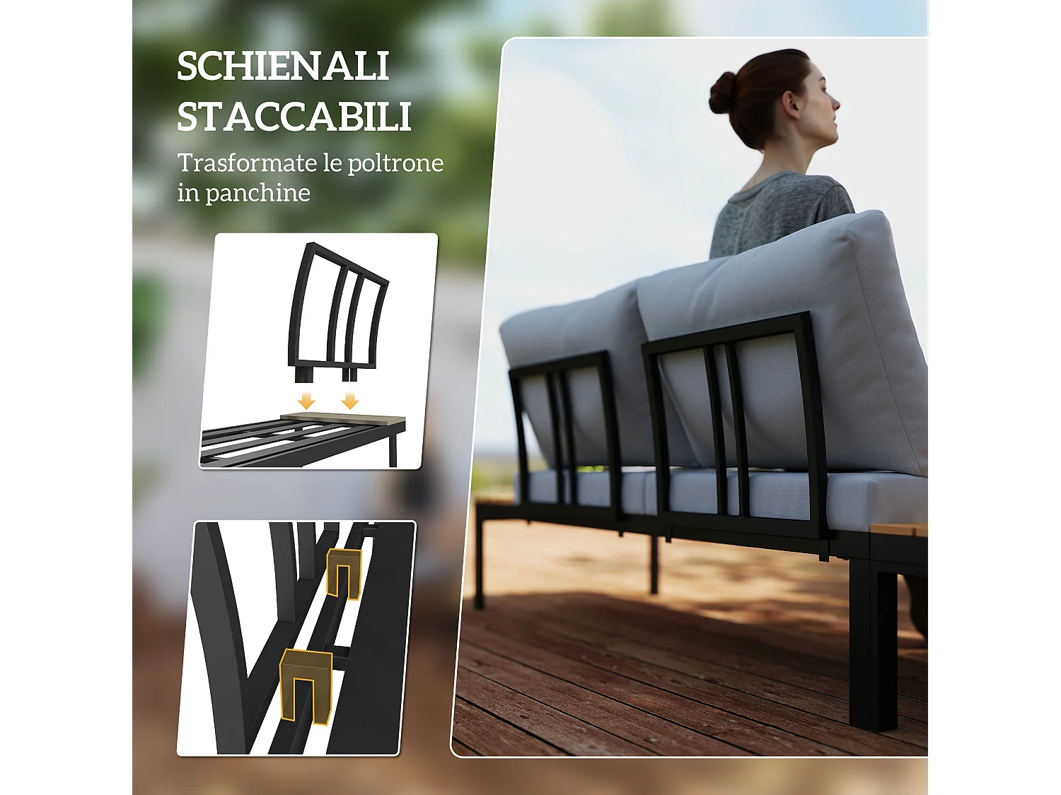 Set da giardino 4pz con 2 divanetti e 2 tavolini grigio nero e teak