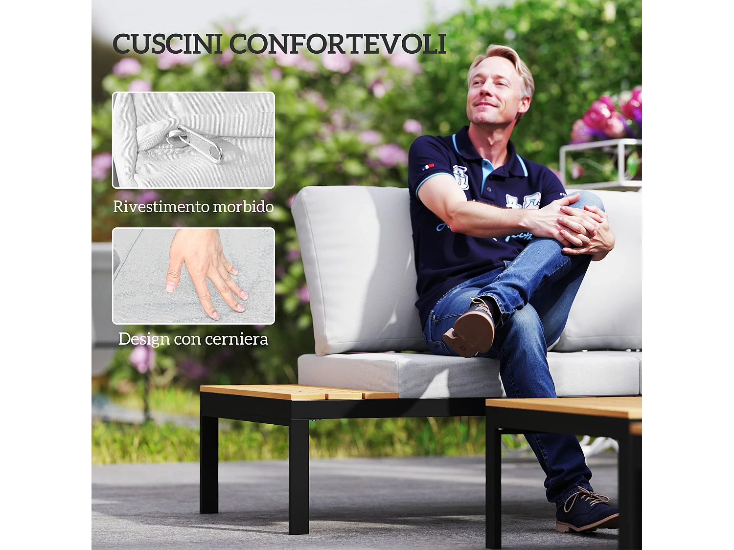 Set da giardino 4pz con 2 divanetti e 2 tavolini grigio nero e teak