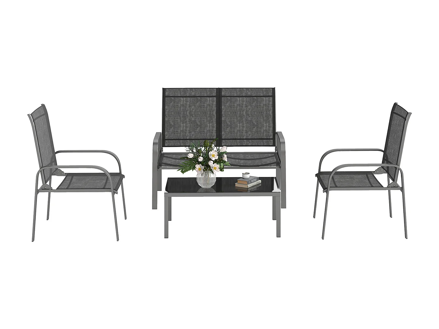 Set da esterno 4pz con tavolino da caffè, 2 sedie e divanetto nero