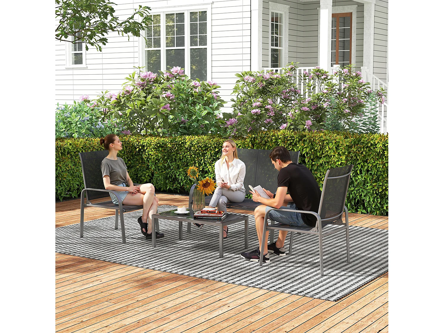 Set da esterno 4pz con tavolino da caffè, 2 sedie e divanetto nero