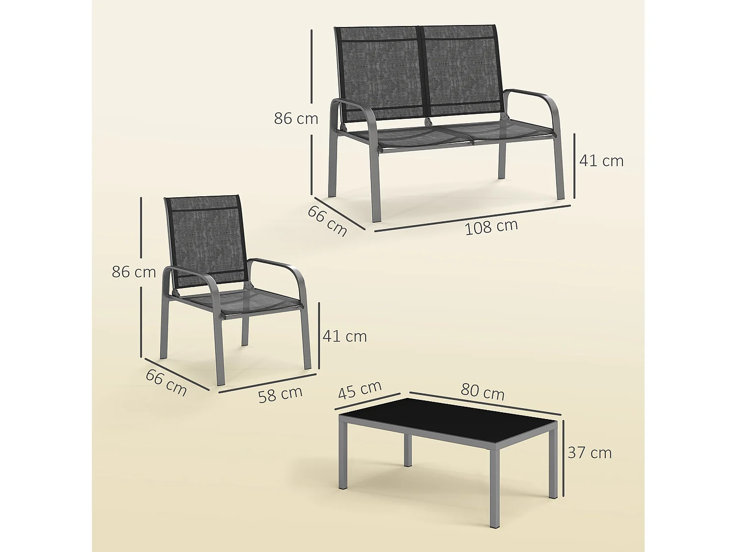 Set da esterno 4pz con tavolino da caffè, 2 sedie e divanetto nero