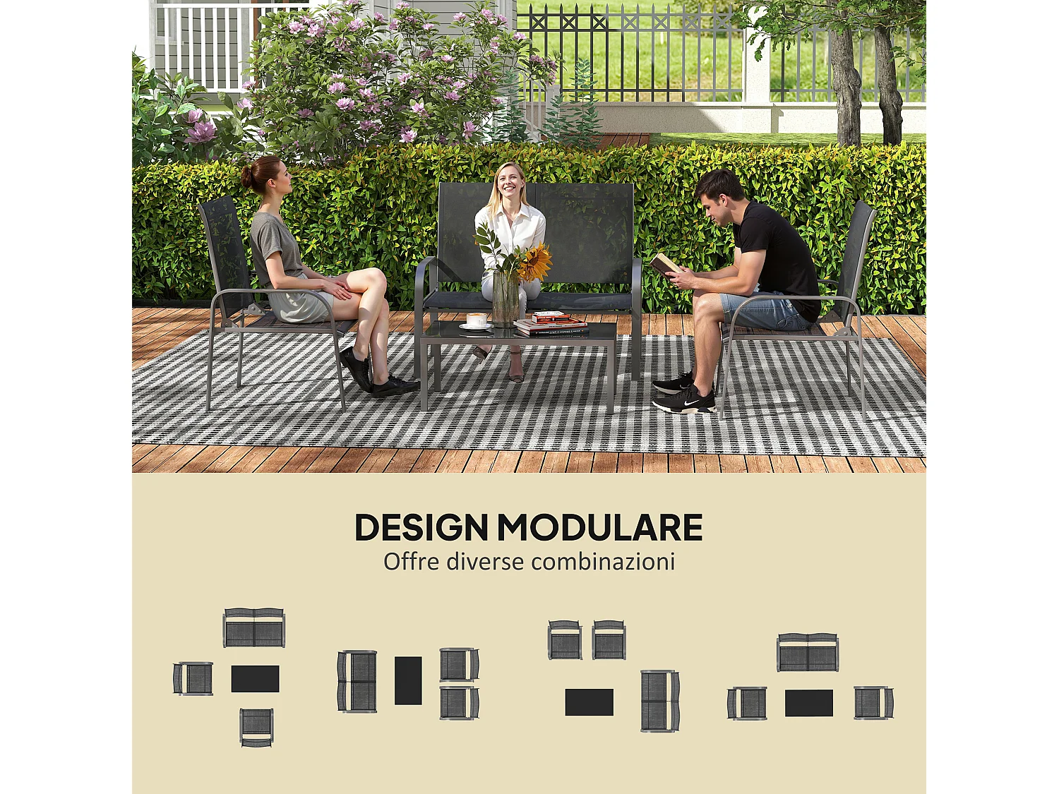 Set da esterno 4pz con tavolino da caffè, 2 sedie e divanetto nero
