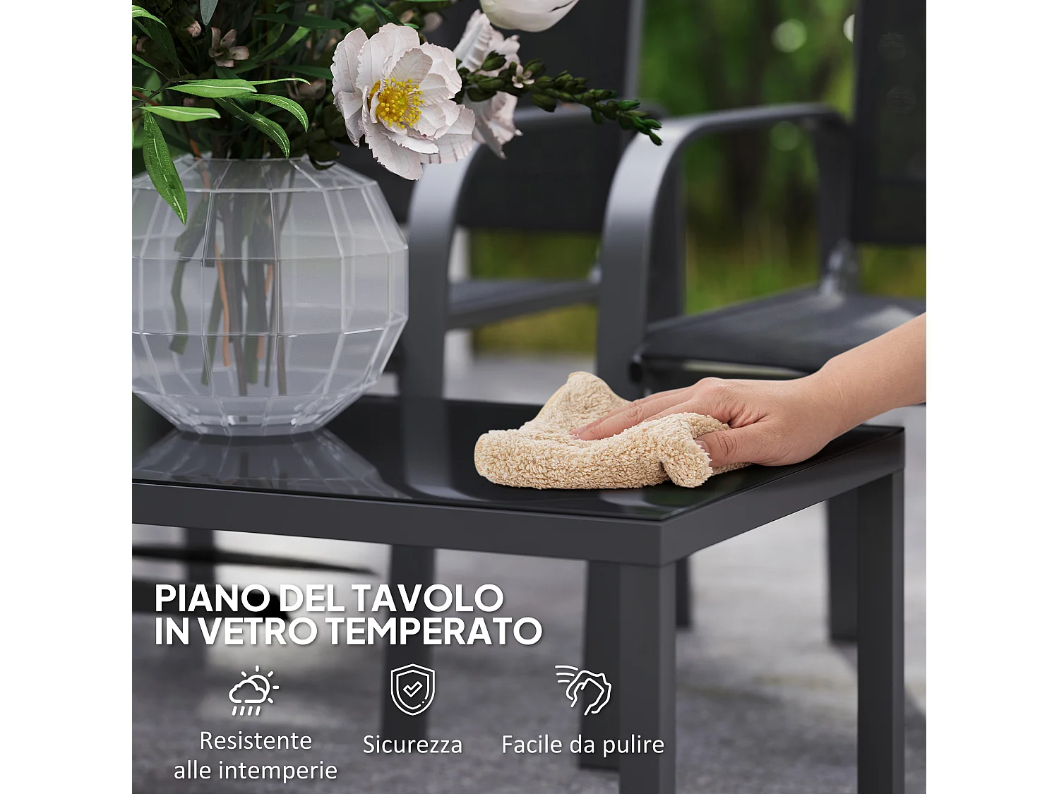 Set da esterno 4pz con tavolino da caffè, 2 sedie e divanetto nero