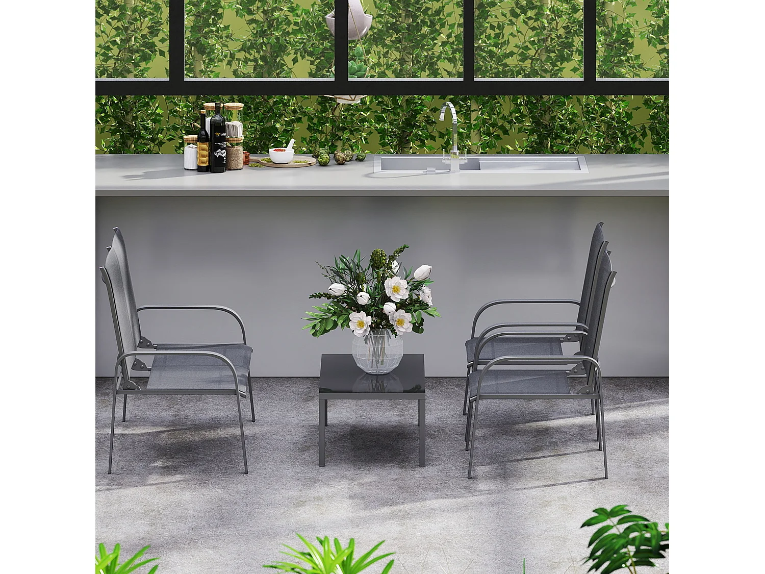 Set da esterno 4pz con tavolino da caffè, 2 sedie e divanetto nero