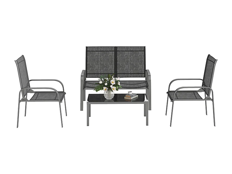 Set da esterno 4pz con tavolino da caffè, 2 sedie e divanetto nero