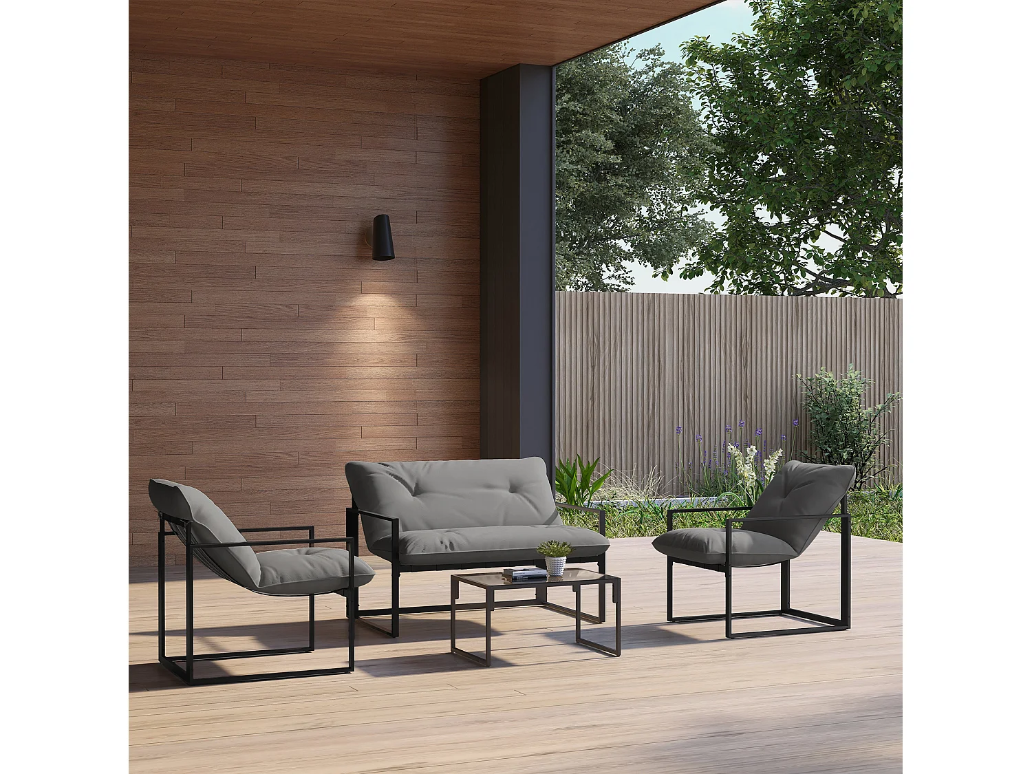 Set da giardino 4 pezzi con divanetto, 2 poltrone e tavolino nero