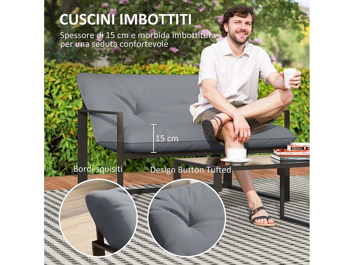 Set da giardino 4 pezzi con divanetto, 2 poltrone e tavolino nero