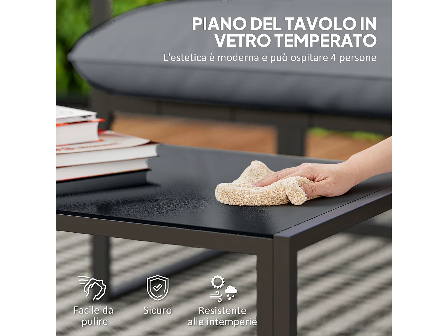 Set da giardino 4 pezzi con divanetto, 2 poltrone e tavolino nero