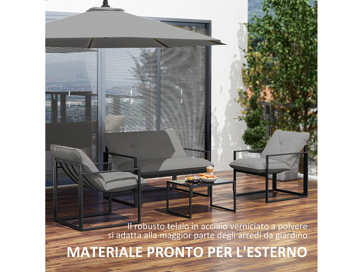Set da giardino 4 pezzi con divanetto, 2 poltrone e tavolino nero