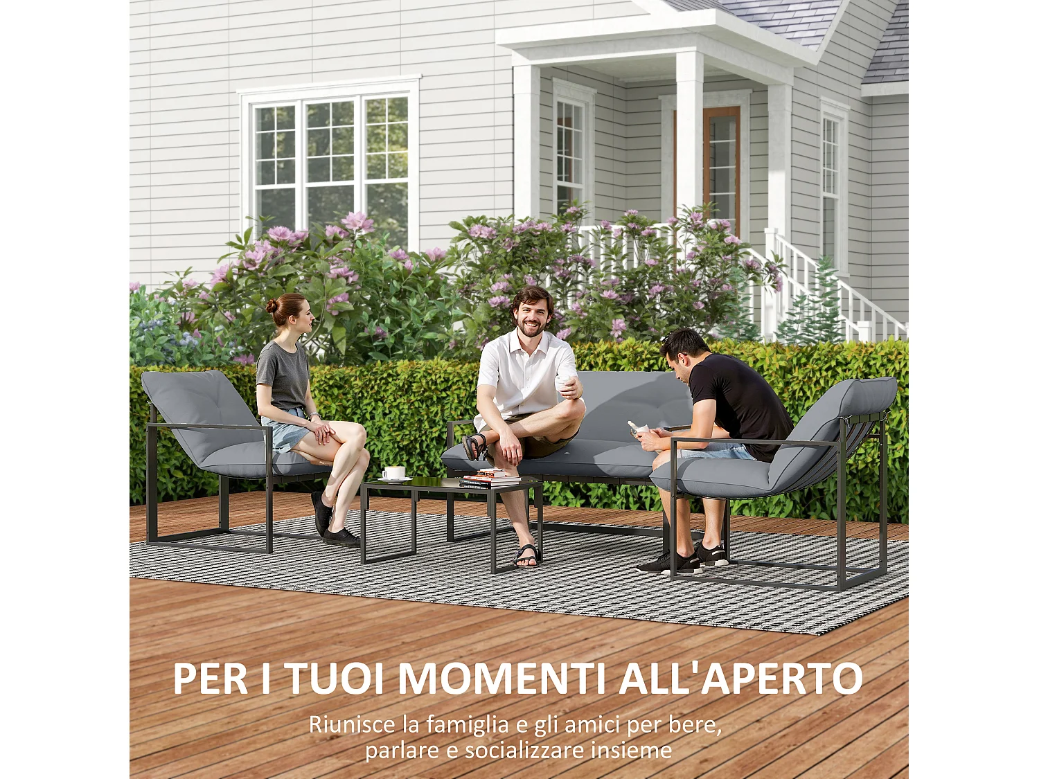 Set da giardino 4 pezzi con divanetto, 2 poltrone e tavolino nero