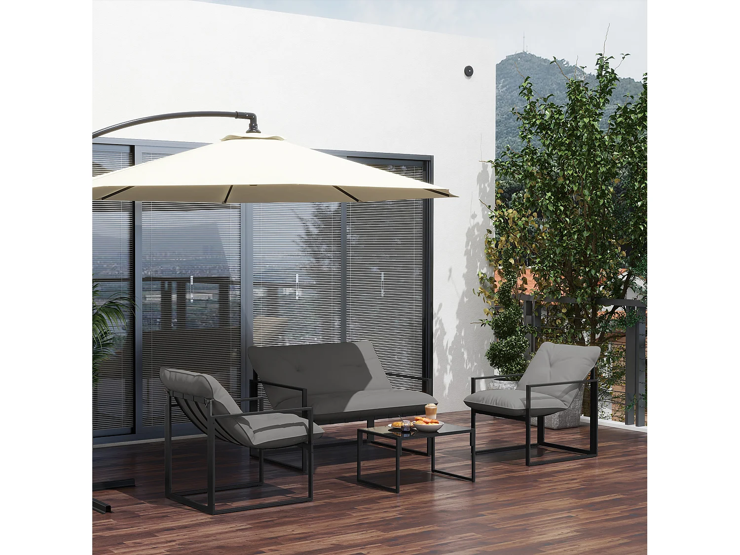 Set da giardino 4 pezzi con divanetto, 2 poltrone e tavolino nero