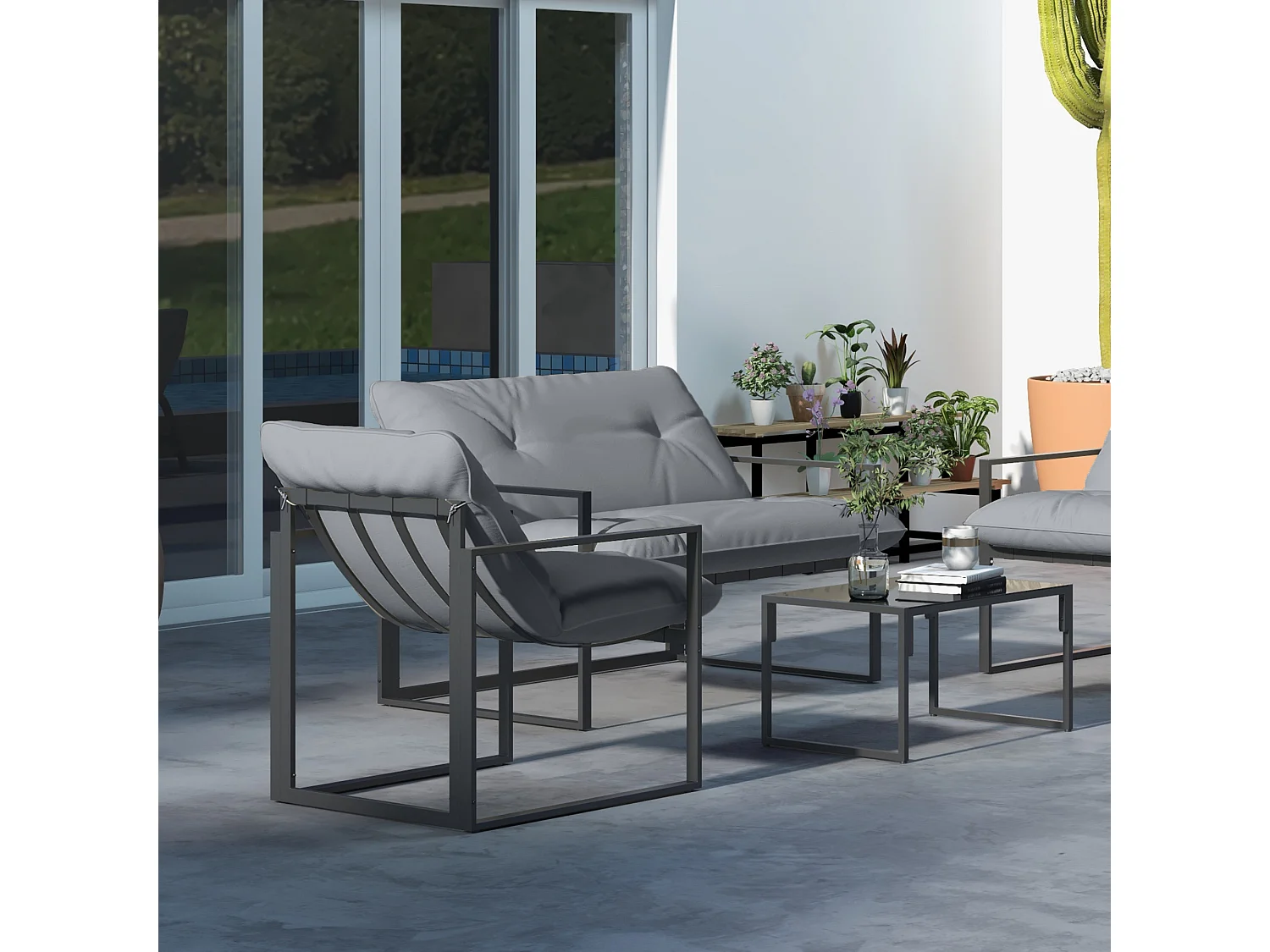 Set da giardino 4 pezzi con divanetto, 2 poltrone e tavolino nero