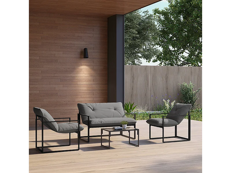 Set da giardino 4 pezzi con divanetto, 2 poltrone e tavolino nero