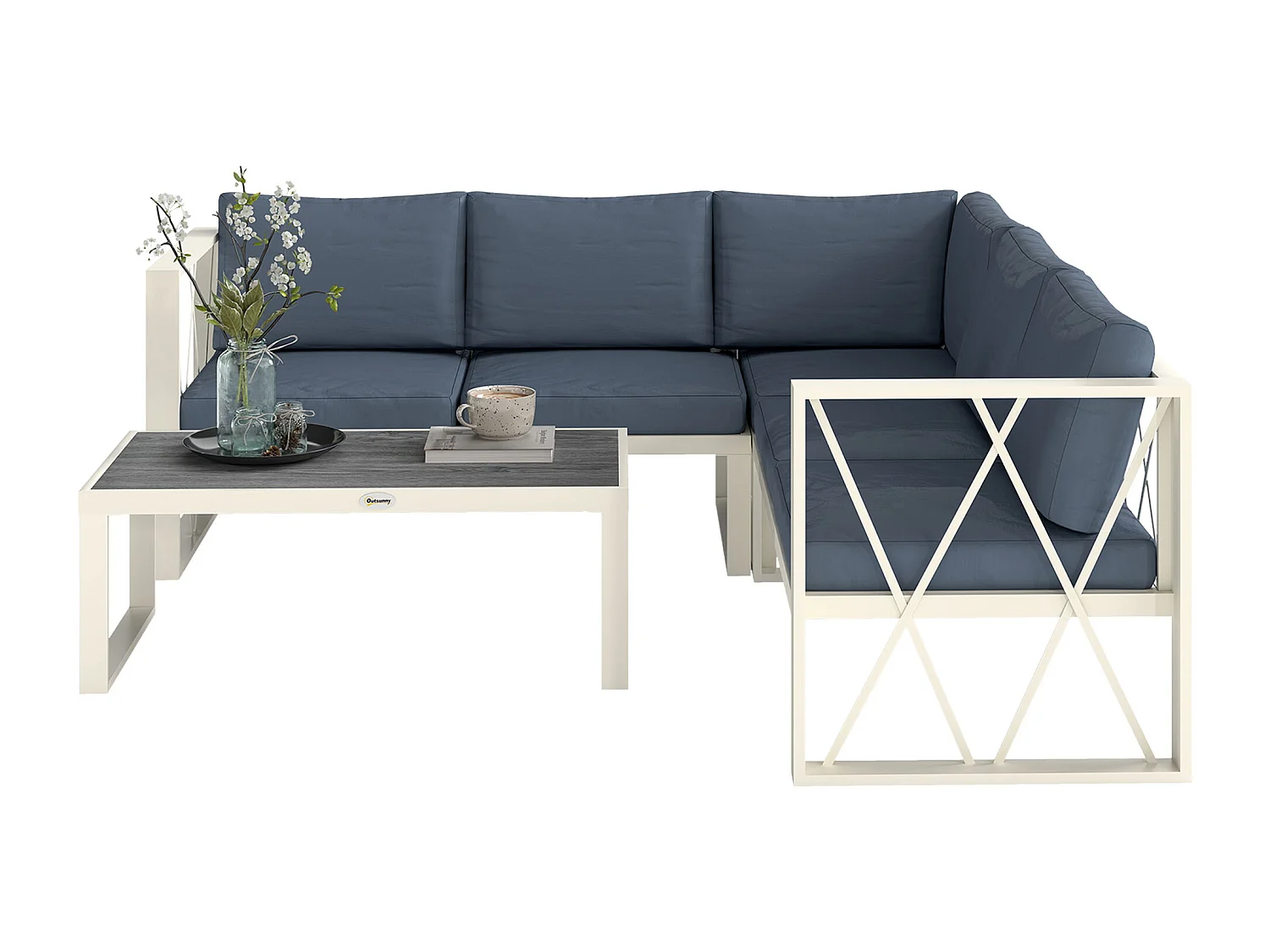 Set da esterno con poltrona reclinabile due divanetti e un tavolino