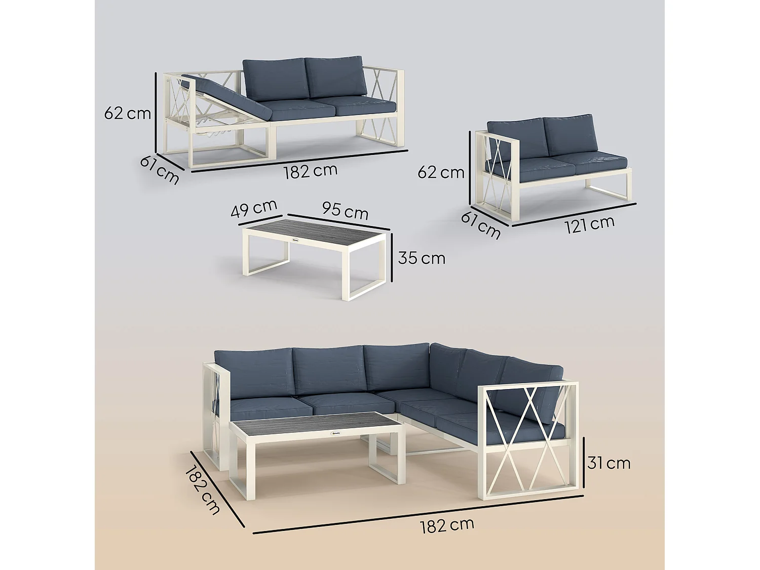 Set da esterno con poltrona reclinabile due divanetti e un tavolino