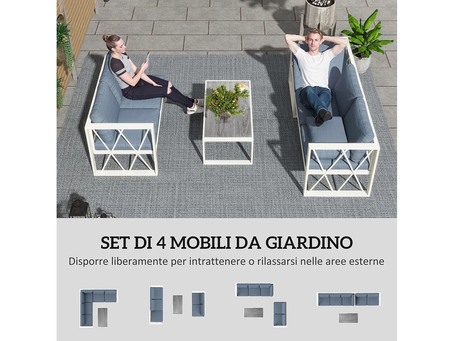 Set da esterno con poltrona reclinabile due divanetti e un tavolino