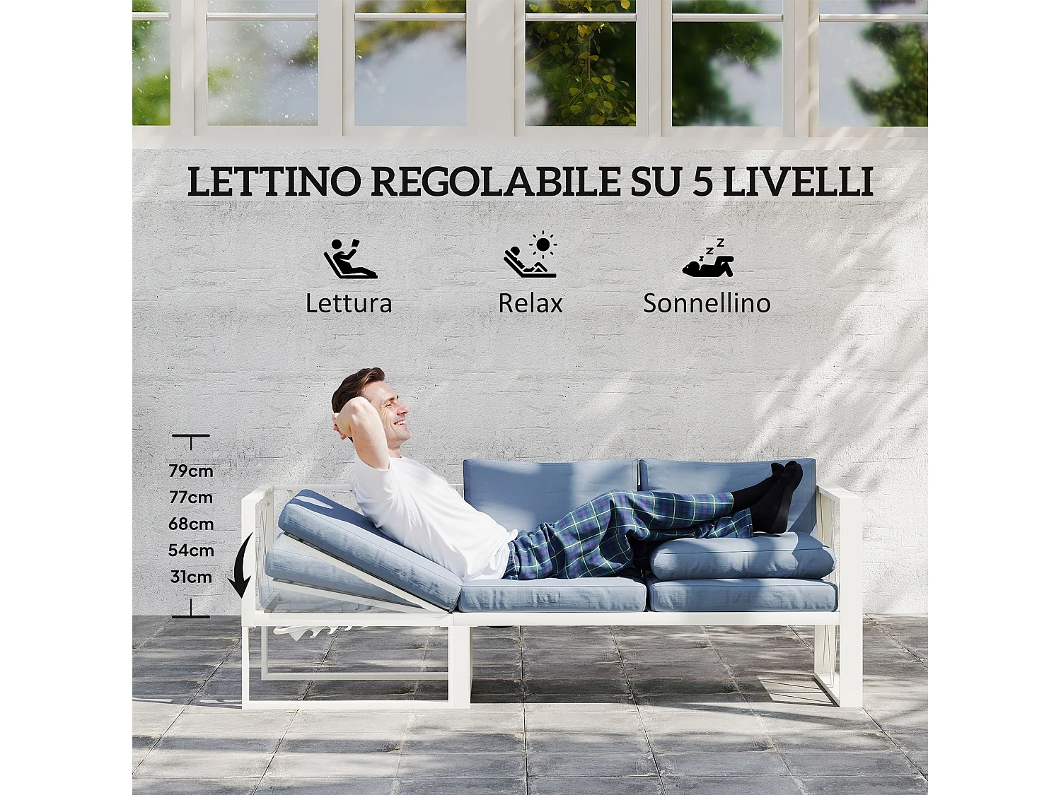 Set da esterno con poltrona reclinabile due divanetti e un tavolino