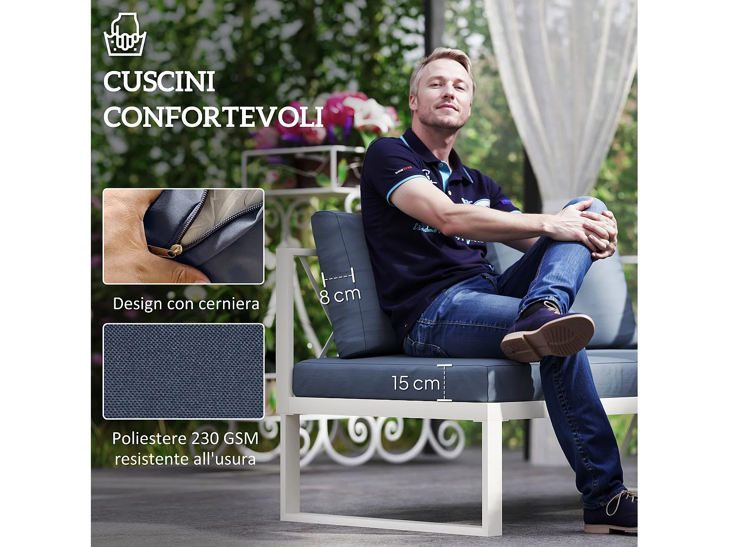 Set da esterno con poltrona reclinabile due divanetti e un tavolino