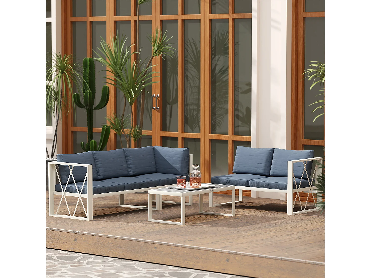 Set da esterno con poltrona reclinabile due divanetti e un tavolino