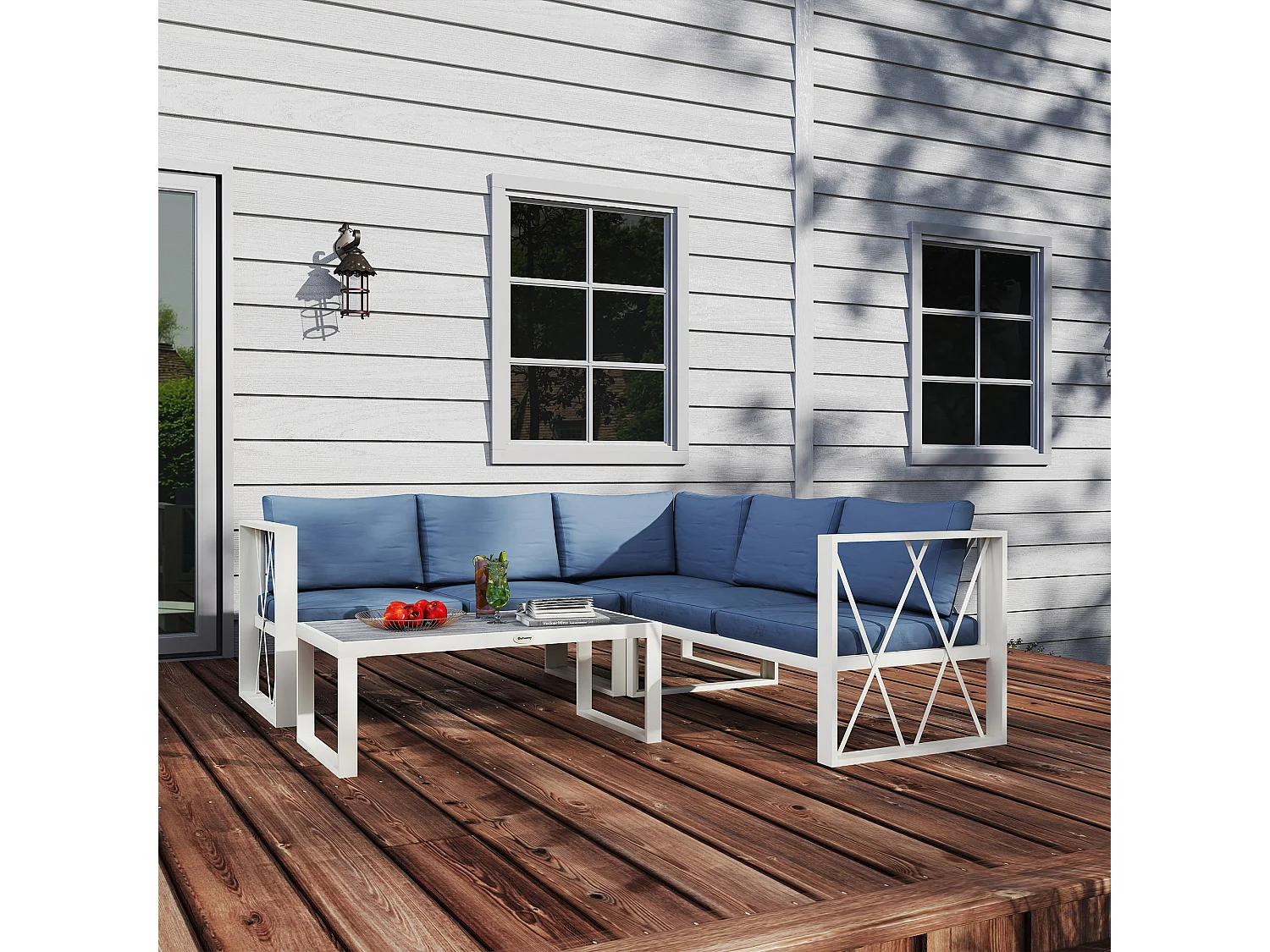 Set da esterno con poltrona reclinabile due divanetti e un tavolino