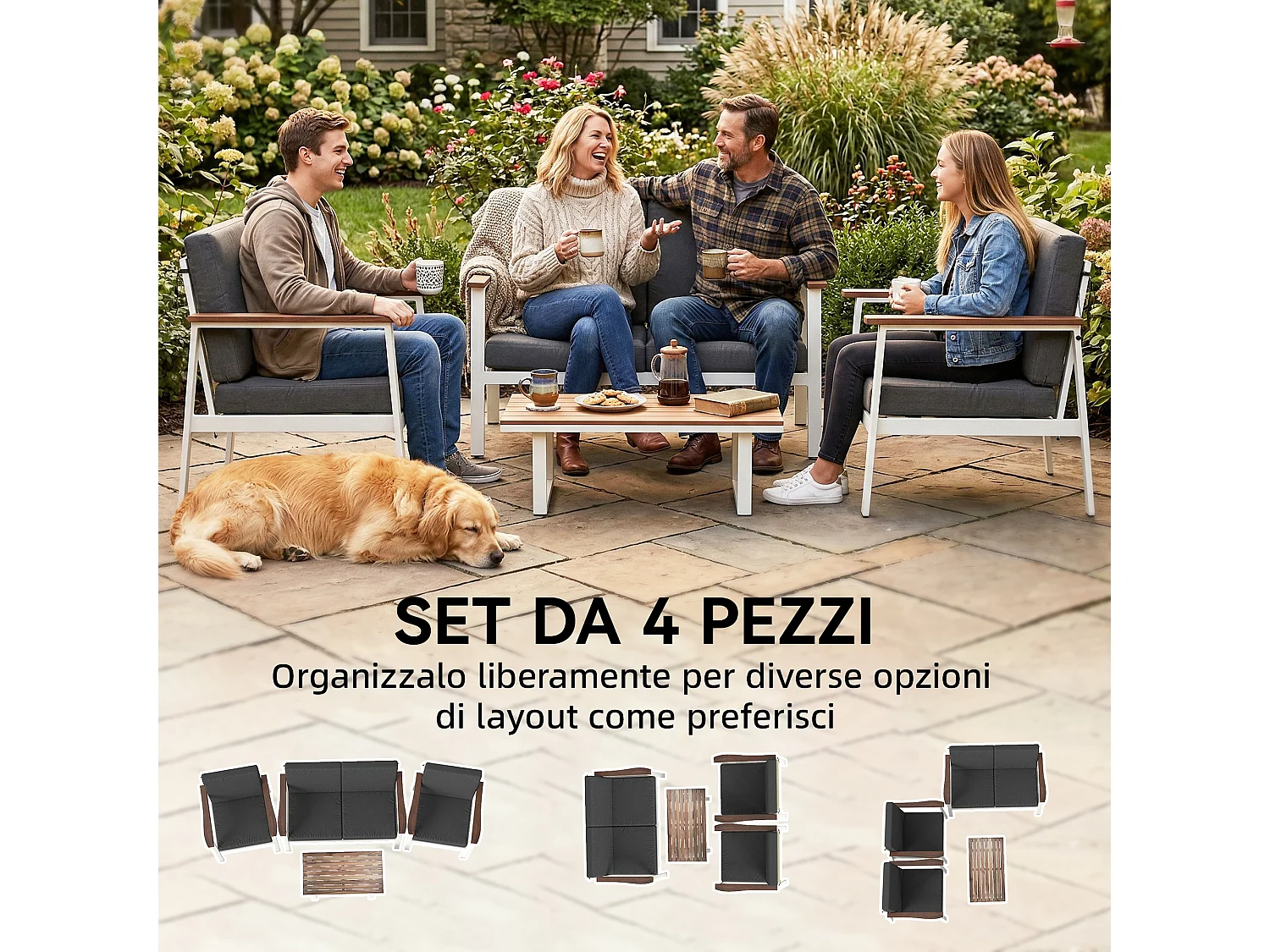 Set divani da giardino 4 posti legno acacia naturale