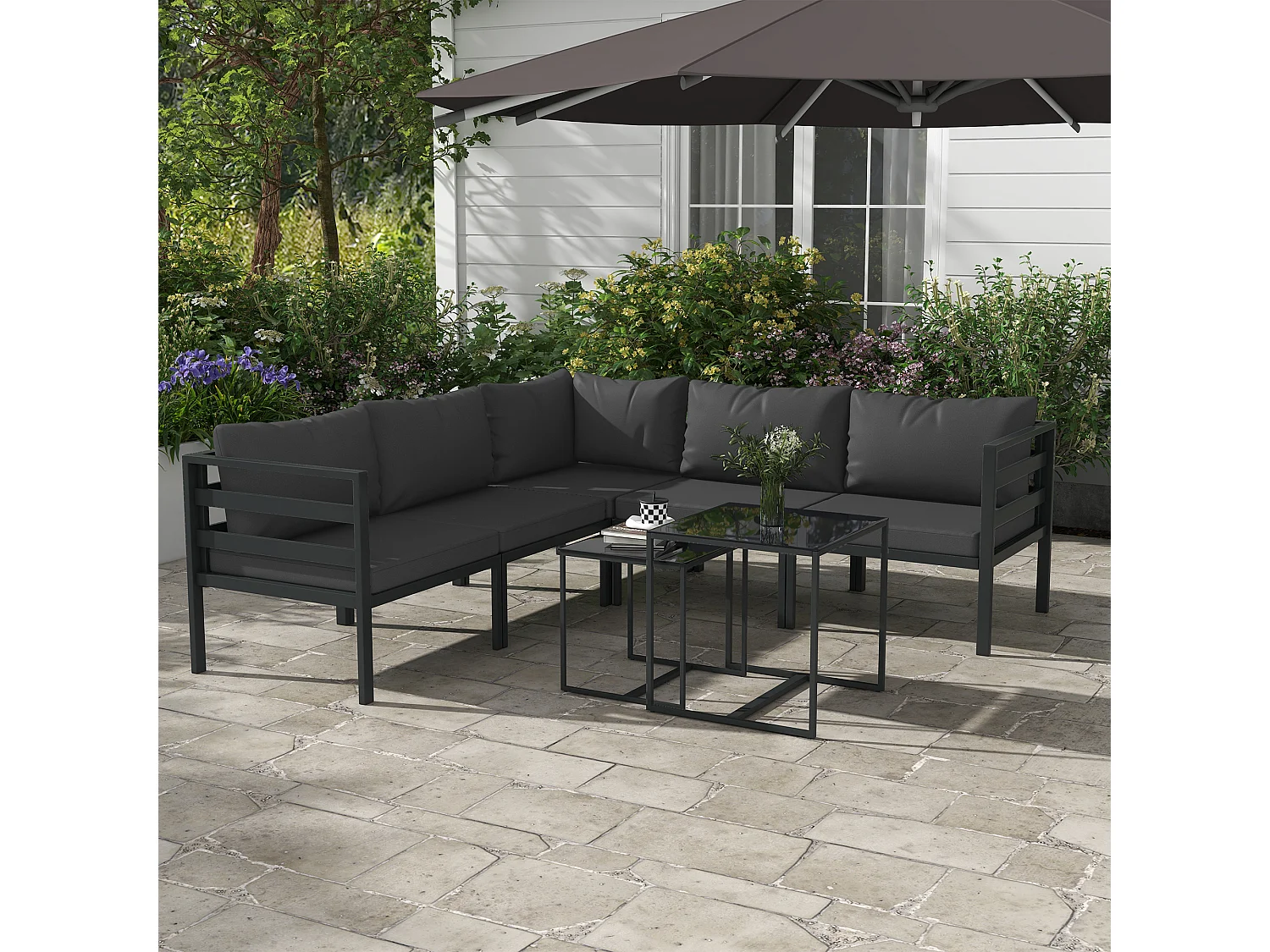 Set da giardino 7 pezzi con 5 sedie e 2 tavolini grigio
