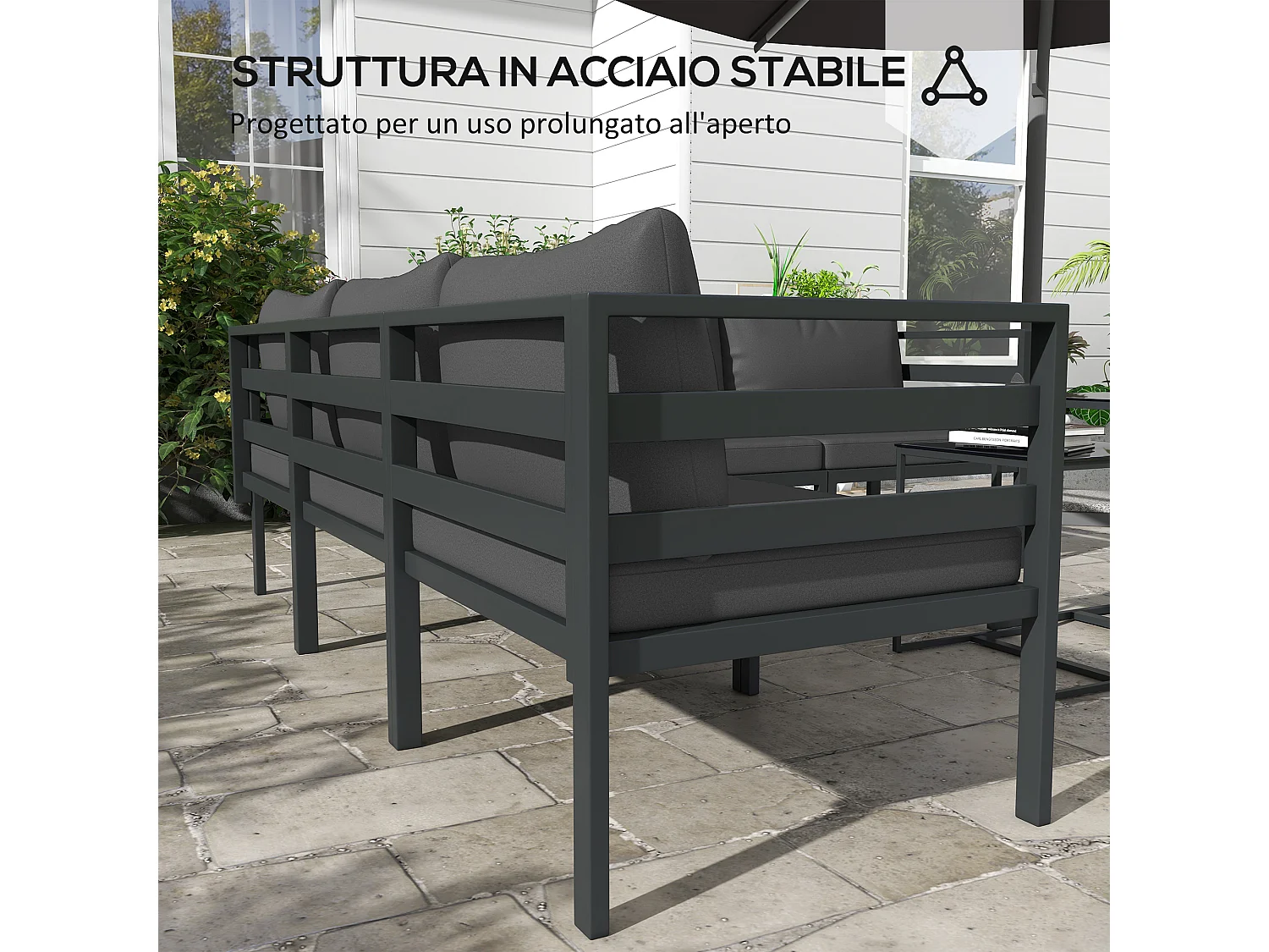 Set da giardino 7 pezzi con 5 sedie e 2 tavolini grigio