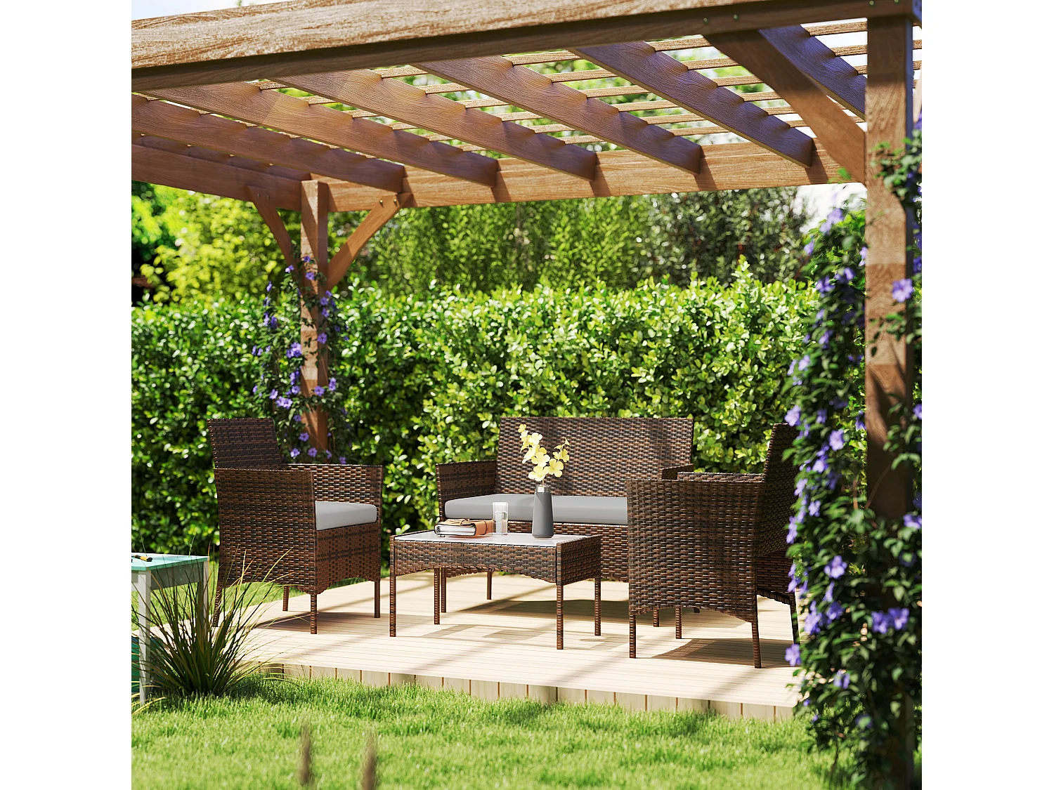 Set da giardino 4pz con divanetto 2 sedie e tavolino grigio e marrone