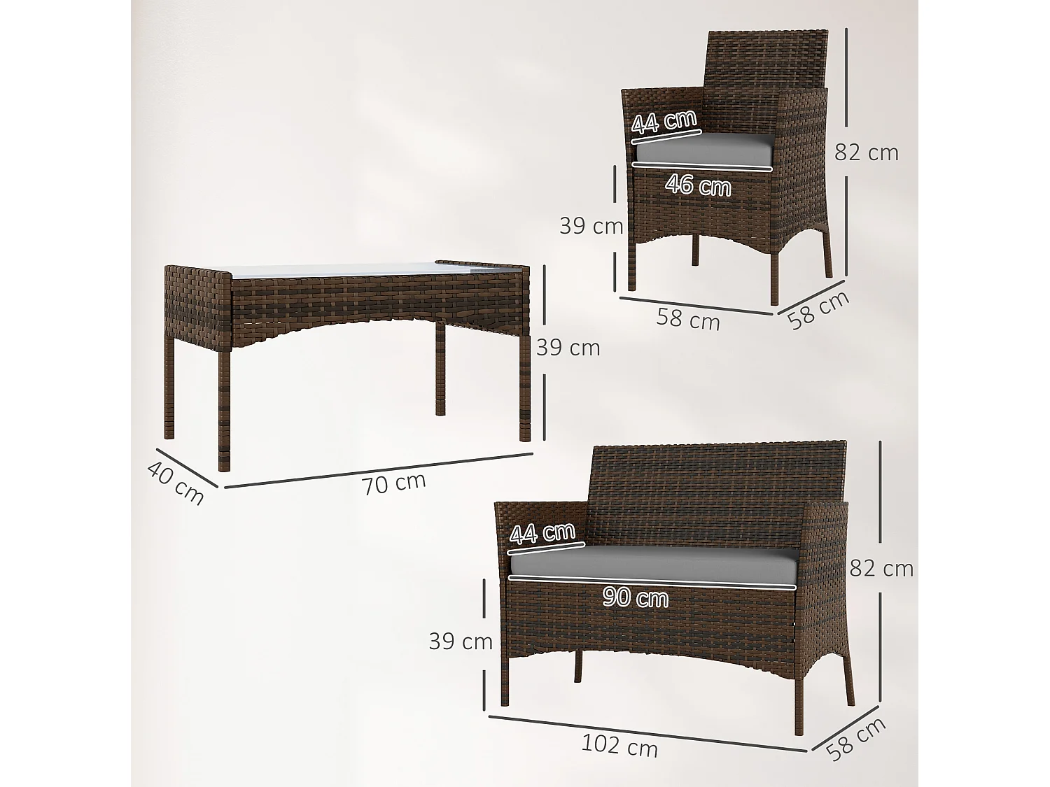 Set da giardino 4pz con divanetto 2 sedie e tavolino grigio e marrone