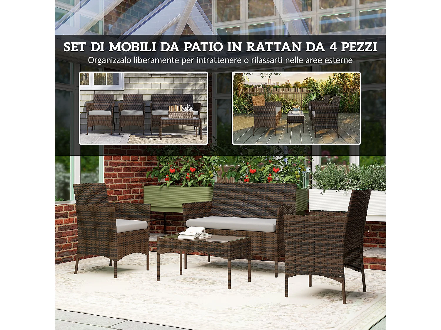 Set da giardino 4pz con divanetto 2 sedie e tavolino grigio e marrone