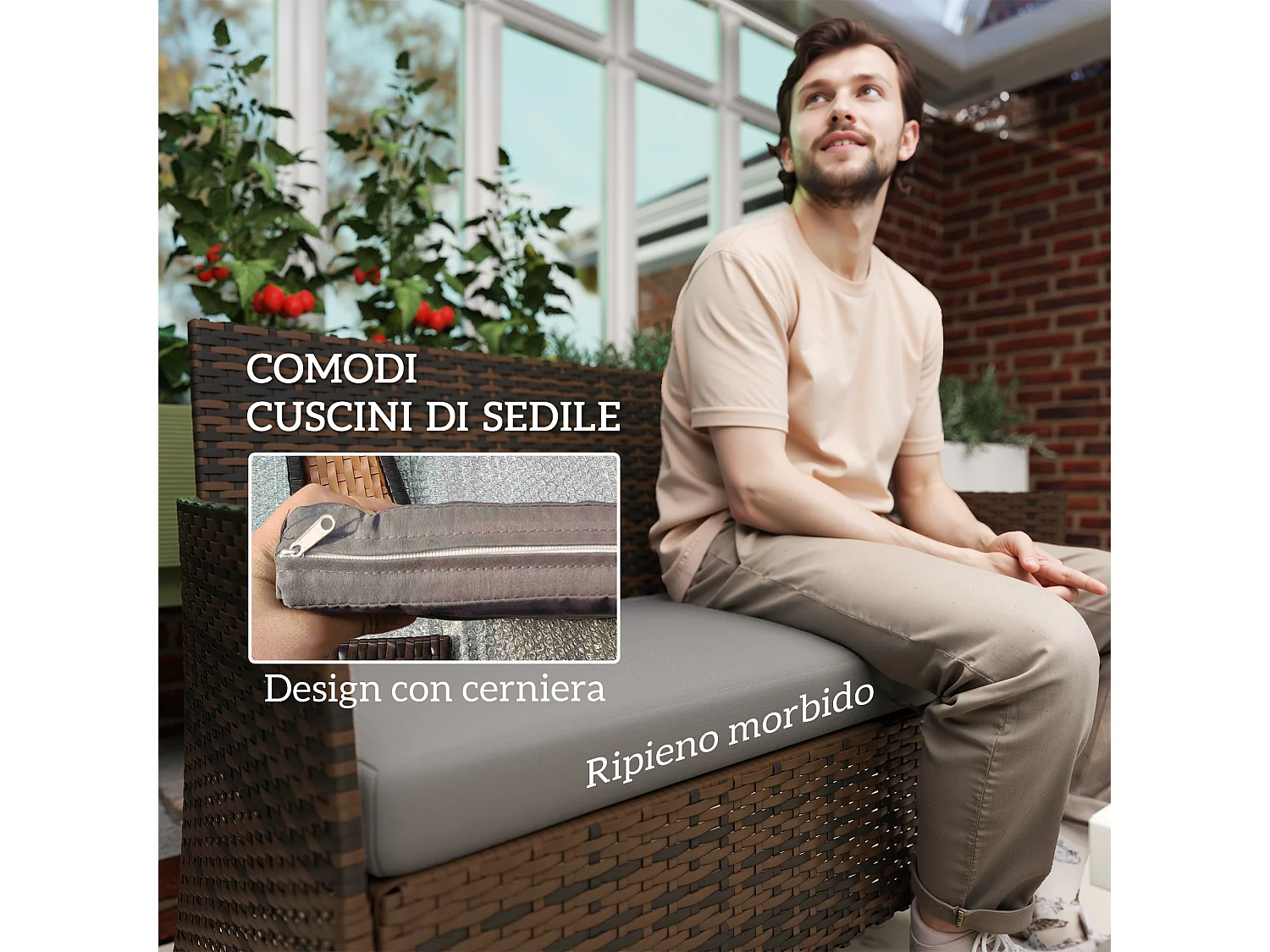 Set da giardino 4pz con divanetto 2 sedie e tavolino grigio e marrone