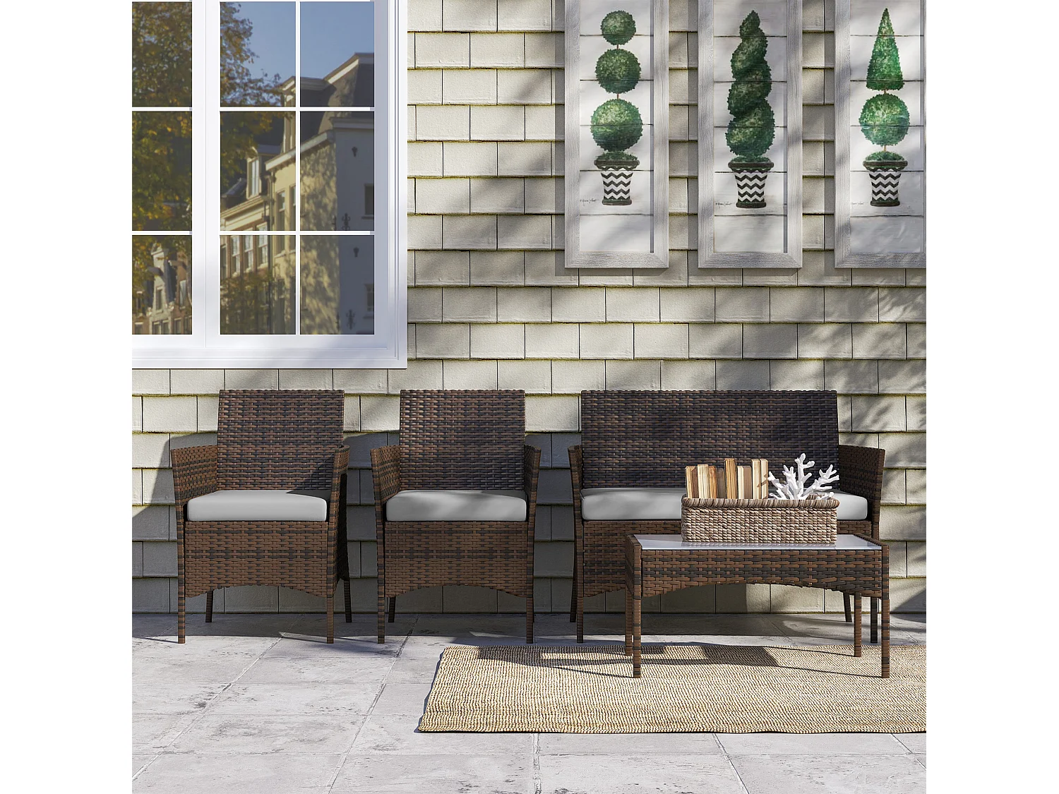 Set da giardino 4pz con divanetto 2 sedie e tavolino grigio e marrone