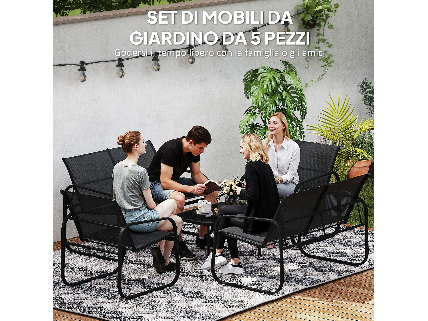 Set da giardino con 2 divanetti 2 poltrone e tavolino da caffè nero