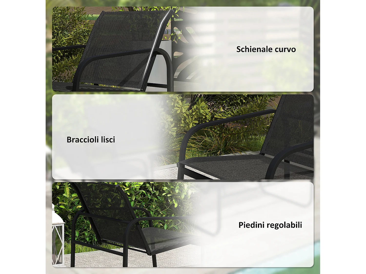 Set da giardino con 2 divanetti 2 poltrone e tavolino da caffè nero